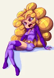Size: 2943x4201 | Tagged: safe, artist:shadowhawx, derpibooru import, adagio dazzle, human, siren, equestria girls, big eyes, big hair, blonde, blonde hair, boots, clothes, crossed legs, curly hair, ear piercing, earring, eyelashes, fingerless gloves, gloves, hand on chest, high heel boots, image, jacket, jewelry, open mouth, piercing, png, shoes, shorts, sitting, skinny, solo, thigh boots, thin