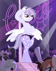 Size: 3000x3854 | Tagged: suggestive, alternate version, artist:ghostpikachu, derpibooru import, oc, oc:leila, unofficial characters only, pegasus, pony, base used, bipedal, clothes, club, collar, dancing, female, high res, image, mare, panties, party, pegasus oc, png, pole, pole dancing, red eyes, sexy, solo focus, spotlight, spread wings, stripper pole, underwear, vitiligo, wings