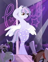 Size: 3000x3854 | Tagged: suggestive, alternate version, artist:ghostpikachu, derpibooru import, oc, oc:leila, unofficial characters only, pegasus, pony, base used, bipedal, club, dancing, female, high res, image, mare, party, pegasus oc, png, pole, pole dancing, red eyes, sexy, solo focus, spotlight, spread wings, stripper pole, vitiligo, wings
