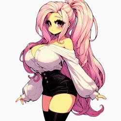 Size: 1024x1024 | Tagged: safe, ai content, derpibooru import, machine learning generated, fluttershy, human, adorasexy, bare shoulders, beautiful, big breasts, blouse, blushing, breasts, busty fluttershy, button-up shirt, buttons, clothes, curvy, cute, female, g4, hourglass figure, huge breasts, humanized, image, long hair, looking at you, png, ponytail, prompter:horselover fat, sexy, shirt, shorts, shoulderless, simple background, smiling, smiling at you, solo, strapless, thin, tight clothing, unbuttoned, white background, white shirt