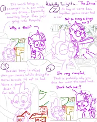 Size: 4779x6013 | Tagged: safe, artist:adorkabletwilightandfriends, derpibooru import, spike, twilight sparkle, twilight sparkle (alicorn), alicorn, comic:adorkable twilight and friends, adorkable, adorkable twilight, car, comic, cute, dashboard, dork, drink, driving, food, happy, image, png, rain, seabelt, seat, sitting, slice of life