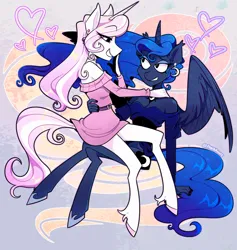 Size: 1800x1900 | Tagged: safe, artist:pantamonte, derpibooru import, fleur-de-lis, princess luna, alicorn, anthro, unguligrade anthro, unicorn, clothes, cutie mark, dress, ear piercing, female, fleur de lune, heart, horn, image, jewelry, jpeg, lesbian, looking at each other, looking at someone, peytral, piercing, shipping, sitting on lap, spread wings, tiara, wings
