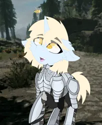 Size: 4396x5396 | Tagged: safe, artist:kotwitz, artist:vinyvitz, derpibooru import, oc, oc:aria taitava, unofficial characters only, bee, insect, armor, armored pony, derpibooru exclusive, detailed background, ear fluff, eye clipping through hair, eyebrows, floppy ears, fur, happy, image, leather, leather straps, looking up, open mouth, png, raised eyebrow, raised hoof, road, scar, short hair, short tail, signature, skyrim, smiling, solo, standing, tail, teeth, the elder scrolls, torn ear, tree