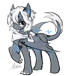 Size: 882x956 | Tagged: safe, derpibooru import, oc, oc:棱, unofficial characters only, hybrid, pony, claws, colored pinnar, ear tufts, folded wings, gray eyes, horns, image, jpeg, leonine tail, neckerchief, raised claw, simple background, solo, standing, striped ears, tail, white background, wings