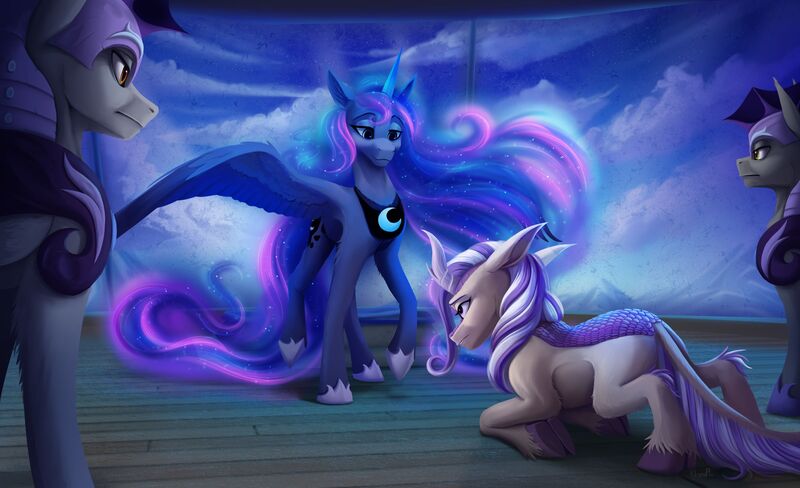 Size: 3000x1831 | Tagged: safe, artist:klarapl, derpibooru import, princess luna, oc, oc:lotus cinder, alicorn, kirin, pegasus, fanfic:words of power, armor, cloud, fanfic art, image, jpeg, kirin oc, kneeling, mountain, night guard, night guard armor, pegasus oc, plank, spread wings, window, wings