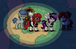 Size: 597x392 | Tagged: safe, oc, oc:emogak, oc:night flash, unnamed oc, alicorn, earth pony, pony, unicorn, pony town, alicorn oc, bow, clothes, earth pony oc, female, frown, glasses, horn, image, jpeg, maid, male, mare, night, smiling, smug, socks, stallion, unicorn oc, wings