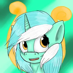 Size: 3000x3000 | Tagged: safe, artist:xrainbow-chocobox, lyra heartstrings, pony, unicorn, abstract background, bust, cutie mark, female, image, looking sideways, mare, open mouth, png, smiling, solo