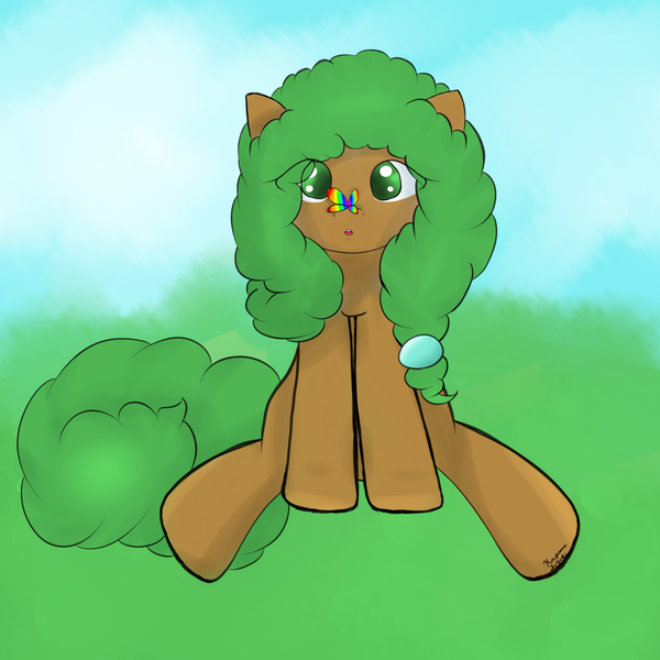 Size: 2300x2300 | Tagged: safe, artist:xrainbow-chocobox, oc, oc:earthsong, unofficial characters only, butterfly, earth pony, insect, pony, :o, butterfly on nose, female, grass, image, insect on nose, mare, open mouth, png, sitting, solo