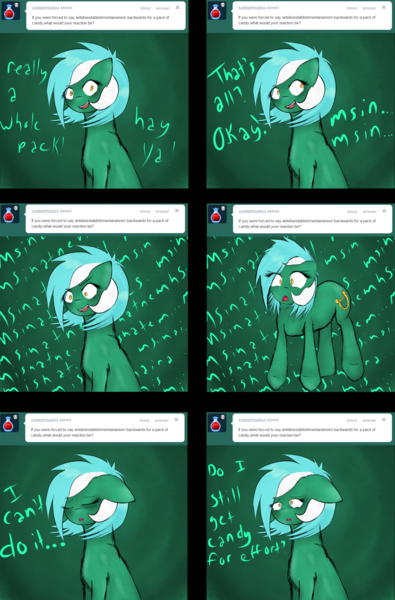 Size: 3352x5088 | Tagged: safe, artist:xrainbow-chocobox, lyra heartstrings, pony, unicorn, abstract background, ask discorded lyra, comic, dialogue, discorded lyra, frown, image, looking sideways, no tail, open mouth, png, sitting, tumblr