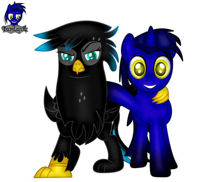 Size: 4608x4154 | Tagged: safe, artist:damlanil, derpibooru import, oc, oc:damlanil, oc:nightlight aura, gryphon, pony, unicorn, derpibooru community collaboration, 2024 community collab, commission, duo, female, griffonized, horn, image, looking at you, male, open mouth, open smile, png, raised hoof, show accurate, simple background, smiling, species swap, stallion, transparent background, vector, wings