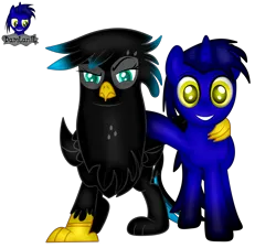 Size: 4608x4154 | Tagged: safe, artist:damlanil, derpibooru import, oc, oc:damlanil, oc:nightlight aura, gryphon, pony, unicorn, derpibooru community collaboration, 2024 community collab, commission, duo, female, griffonized, horn, image, looking at you, male, open mouth, open smile, png, raised hoof, show accurate, simple background, smiling, species swap, stallion, transparent background, vector, wings