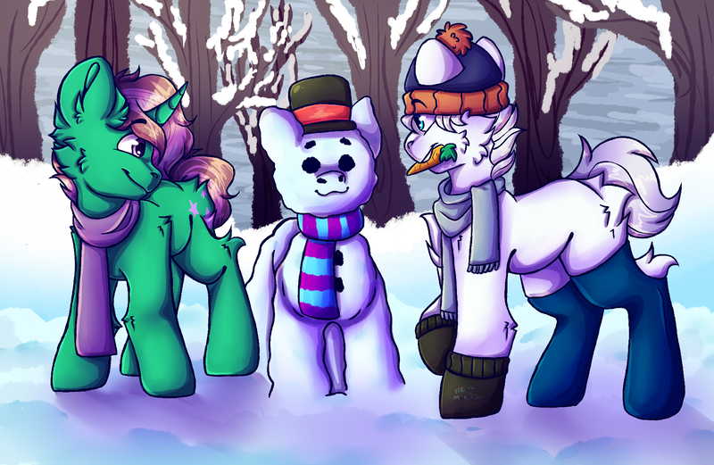 Size: 1680x1094 | Tagged: safe, artist:black_marker, derpibooru import, oc, earth pony, unicorn, carrot, clothes, commission, duo, duo male, earth pony oc, food, forest, hat, horn, image, male, mittens, nature, png, scarf, snow, snowpony, socks, tree, unicorn oc, winter, winter outfit, ych example, ych result, your character here