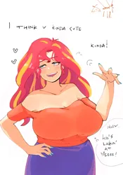 Size: 1400x2000 | Tagged: safe, artist:sozglitch, derpibooru import, sunset shimmer, human, bare shoulders, big breasts, blush lines, blushing, breasts, busty sunset shimmer, dialogue, female, floating heart, hand on hip, heart, huge breasts, humanized, image, jpeg, open mouth, open smile, simple background, smiling, solo, sweat, sweatdrop, talking to viewer, thought bubble, white background