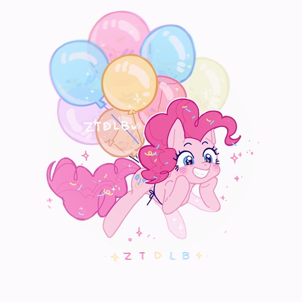 Size: 4000x4000 | Tagged: safe, artist:ztdlb, artist:zzhangtuideluobu, derpibooru import, pinkie pie, earth pony, pony, balloon, female, floating, grin, image, jpeg, mare, simple background, smiling, solo, teeth, then watch her balloons lift her up to the sky, white background