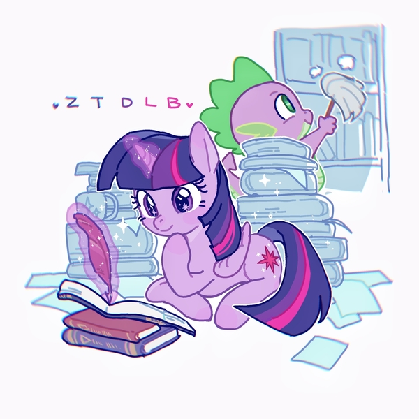 Size: 3000x3000 | Tagged: safe, artist:ztdlb, artist:zzhangtuideluobu, derpibooru import, spike, twilight sparkle, twilight sparkle (alicorn), alicorn, dragon, pony, book, cleaning, cute, duo, dust, duster, female, image, jpeg, mare, paper, quill, reading, simple background, that pony sure does love books, twiabetes, white background, writing
