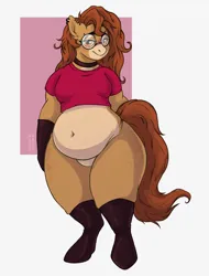 Size: 2994x3940 | Tagged: suggestive, artist:hornyshorttail, derpibooru import, oc, oc:pencil test, unofficial characters only, anthro, earth pony, pony, succubus, succubus pony, bbw, belly button, bottomless, breasts, choker, clothes, ear piercing, earth pony oc, fat, featureless crotch, female, females only, freckles, front view, glasses, image, large butt, partial nudity, piercing, plump, png, simple background, smiling, solo, succubus oc, the ass was fat, thighs, thunder thighs, wide hips