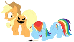 Size: 3568x2028 | Tagged: safe, artist:porygon2z, derpibooru import, applejack, rainbow dash, earth pony, pegasus, pony, applebutt, butt, duo, embarrassed, eyes closed, female, halloween, holiday, image, jack-o-lantern, laughing, mare, open mouth, paintbrush, plot, png, pumpkin