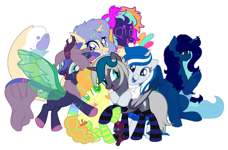 Size: 1548x1015 | Tagged: safe, artist:calibykitty, artist:dazzle, derpibooru import, tempest shadow, oc, oc:apple needle, oc:balmoral, oc:elizabat stormfeather, oc:midnight specter, oc:mish-mash, oc:poprocks, oc:popsicle dagger, unofficial characters only, alicorn, bat pony, bat pony alicorn, changedling, changeling, earth pony, kirin, pegasus, pony, unicorn, derpibooru community collaboration, 2024 community collab, alicorn oc, base used, bat pony oc, bat wings, bipedal, canon x oc, changedling oc, changeling oc, clothes, collar, ear piercing, earring, female, freckles, genderfluid, grin, group hug, hoodie, horn, hug, hybrid oc, image, jewelry, kilt, kirin oc, lesbian, looking at you, mare, markings, multicolored hair, nonbinary, open mouth, piercing, plushie, png, rainbow socks, raised hoof, raised leg, scarf, scotland, shipping, simple background, sitting, skirt, smiling, socks, solo, spiked collar, stormshadow, striped socks, sweater, transparent background, wall of tags, waving, wings