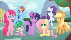 Size: 9921x5581 | Tagged: safe, artist:bubblegooey, derpibooru import, applejack, derpy hooves, fluttershy, pinkie pie, rainbow dash, rarity, spike, twilight sparkle, twilight sparkle (alicorn), alicorn, earth pony, pegasus, unicorn, absurd resolution, apple, blushing, cloud, cowboy hat, flying, folded wings, food, group, hat, house, image, looking at each other, looking at someone, looking at you, looking back, looking back at you, lying down, mane seven, mane six, mountain, png, ponyville, sitting, smiling, smiling at each other, smiling at you, sparkly eyes, spread wings, standing, tree, walking, wingding eyes, wings