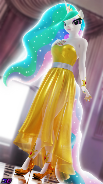 Size: 2160x3840 | Tagged: safe, artist:shadowboltsfm, derpibooru import, princess celestia, anthro, plantigrade anthro, 3d, blender, breasts, clothes, dress, eyeshadow, female, glow, glowing mane, glowing tail, high heels, high res, image, jewelry, lipstick, looking at you, makeup, not sfm, png, regalia, sexy, shoes, solo, tail