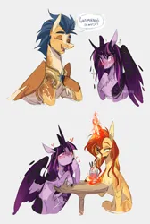Size: 2820x4202 | Tagged: safe, artist:iheyyasyfox, derpibooru import, flash sentry, sunset shimmer, twilight sparkle, twilight sparkle (alicorn), alicorn, pegasus, pony, unicorn, alternate design, blushing, drink, drinking, drinking straw, eyes closed, female, flashlight, food, glow, glowing horn, heart, heart eyes, high res, horn, ice cream, image, looking up, male, mare, open mouth, open smile, png, shipping, signature, simple background, smiling, speech bubble, stallion, starry wings, straight, trio, twitterina design, watermark, white background, wingding eyes, wings