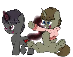 Size: 1310x1040 | Tagged: safe, artist:darkknighthoof, derpibooru import, oc, oc:darkknighthoof, oc:darkknightshade, unofficial characters only, pony, unicorn, derpibooru community collaboration, 2024 community collab, augmented, augmented tail, clothes, derpibooru exclusive, duo, fangs, glow, glowing horn, hoodie, horn, image, magic, male, open mouth, png, simple background, sitting, stallion, sweater, sweater meme, tail, transparent background, underhoof