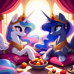 Size: 1024x1024 | Tagged: safe, ai content, derpibooru import, machine learning generated, prompter:valpinamoon, stable diffusion, princess celestia, princess luna, alicorn, pony, bowl, ethereal mane, ethereal tail, female, fruit, image, jewelry, jpeg, looking at each other, looking at someone, mare, regalia, royal sisters, siblings, sisters, smiling, smiling at each other, tail