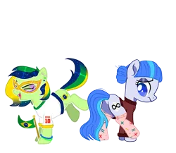 Size: 1585x1374 | Tagged: safe, artist:c1trine, artist:kellysweet1, artist:nekusia, derpibooru import, oc, oc:maria potranca, oc:saph quills, unofficial characters only, earth pony, pony, derpibooru community collaboration, 2024 community collab, base used, brazil, butt, clothes, derpibooru exclusive, duo, ear piercing, earring, excited, eyes closed, eyeshadow, female, flag, happy, image, jewelry, makeup, mare, mask, multicolored hair, piercing, plot, png, raised leg, shirt, simple background, socks, sweater, t-shirt, transparent background, wristband