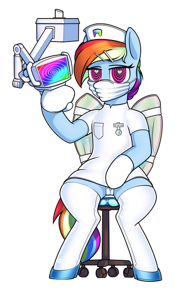 Size: 3100x5200 | Tagged: suggestive, artist:dacaoo, derpibooru import, rainbow dash, pegasus, pony, alternate universe, bound wings, brainwashed, brainwashing, chair, clothes, cutie mark, cutie mark on clothes, dentist, dentist fetish, dominant, dress, folded wings, gloves, hairclip, hat, heart, heart eyes, high heels, holding, hoof gloves, hoof shoes, hypno eyes, hypnogear, hypnosis, hypnotist, hypnotized, image, latex, latex dress, latex gloves, latex panties, latex socks, latex stockings, light, looking at you, mask, name tag, nurse, nurse hat, nurse outfit, panties, panty shot, png, robotic arm, shoes, simple background, sitting, socks, solo, spiral, stockings, surgical mask, swirly eyes, thigh highs, underwear, uniform, white background, wing sleeves, wingding eyes, wings