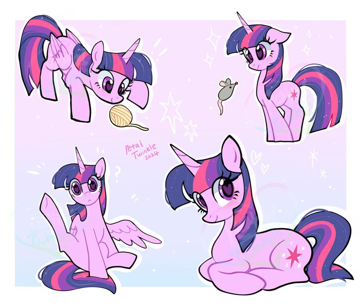 Size: 2048x1723 | Tagged: safe, artist:petaltwinkle, derpibooru import, twilight sparkle, twilight sparkle (alicorn), alicorn, earth pony, mouse, pony, unicorn, :c, behaving like a cat, border, eye clipping through hair, female, floppy ears, frown, gradient background, heart, heart eyes, image, jpeg, lifted leg, looking at you, lying down, mare, ponyloaf, prone, smiling, solo, twilight cat, unicorn twilight, wingding eyes, yarn, yarn ball