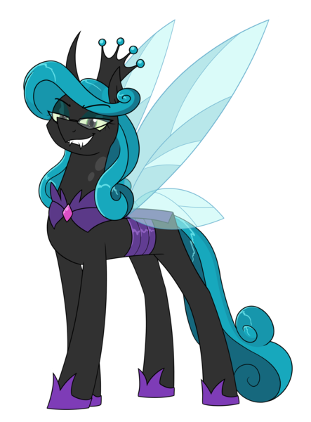 Size: 1956x2647 | Tagged: safe, artist:moonatik, derpibooru import, queen chrysalis, changeling, changeling queen, abstract background, commission, crown, eyeshadow, female, glasses, hoof shoes, image, jewelry, looking at you, makeup, mirror universe, png, princess shoes, regalia, reversalis, solo