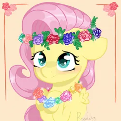 Size: 1483x1480 | Tagged: safe, artist:flutterbug18, derpibooru import, fluttershy, pegasus, pony, beige background, bust, cute, female, floppy ears, floral head wreath, flower, g4, image, jpeg, mare, shyabetes, simple background, small wings, smiling, solo, wings