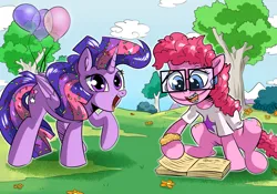 Size: 2331x1635 | Tagged: safe, artist:mlp-cam-co, derpibooru import, pinkie pie, twilight sparkle, twilight sparkle (alicorn), alicorn, earth pony, pony, balloon, book, bracelet, braces, clothes, confetti, duo, duo female, female, g4, glasses, image, jewelry, nerd, open mouth, open smile, personality swap, png, role reversal, shirt, smiling, solo, swap