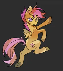 Size: 1942x2197 | Tagged: safe, artist:gamagama6, derpibooru import, scootaloo, pegasus, pony, bipedal, chest fluff, dynamic pose, ear fluff, eyebrows, eyebrows visible through hair, g4, gray background, high res, image, png, raised arm, raised leg, simple background, solo, standing, standing on one leg, underhoof