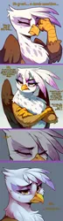 Size: 2000x6932 | Tagged: safe, ai content, artist:rupert, derpibooru import, machine learning assisted, machine learning generated, stable diffusion, gilda, gryphon, series:ask white belly gilda, ask, crossed arms, crying, dialogue, female, former bully, g4, generator:pony diffusion v6 xl, gilda is not amused, high res, image, jpeg, pale belly, prompter:rupert, sad, solo, teary eyes, tumblr, unamused, white belly