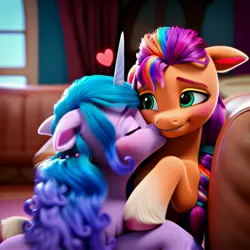 Size: 4096x4096 | Tagged: safe, ai content, derpibooru import, machine learning generated, prompter:catu, stable diffusion, izzy moonbow, sunny starscout, earth pony, pony, unicorn, g5, absurd resolution, biting, blushing, chest fluff, cuddling, cute, daaaaaaaaaaaw, duo, duo female, eyes closed, female, floating heart, floppy ears, generator:pony diffusion v6 xl, generator:purplesmart.ai, gradient background, grin, happy, heart, image, izzybetes, jpeg, kissing, lesbian, long mane, looking at each other, looking at someone, mane stripe sunny, mare, nervous, nervous grin, ship:moonscout, shipping, sitting, smiling, smiling at each other, sunnybetes, unshorn fetlocks, wholesome