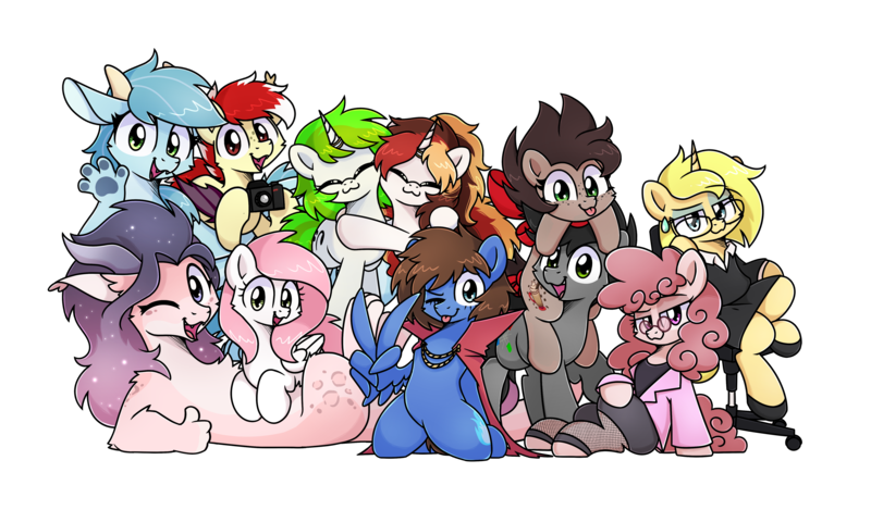Size: 5000x3000 | Tagged: safe, artist:sugar morning, derpibooru import, oc, oc:aaaaaaaaaaa, oc:bizarre song, oc:choco mocca, oc:fifi, oc:mistral, oc:nekro led, oc:scarlet serenade, oc:smooshie, oc:sugar morning, oc:vinyl mix, unofficial characters only, draconequus, dragon, earth pony, pegasus, pony, unicorn, derpibooru community collaboration, 2024 community collab, camera, cape, chair, clothes, couple, cute, eyes closed, female, image, jewelry, looking at you, male, mare, peace sign, png, ring, shipping, simple background, stallion, standing, thumbs up, transparent background, wings