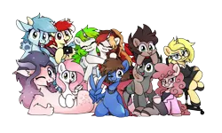 Size: 5000x3000 | Tagged: safe, artist:sugar morning, derpibooru import, oc, oc:aaaaaaaaaaa, oc:bizarre song, oc:choco mocca, oc:fifi, oc:mistral, oc:nekro led, oc:scarlet serenade, oc:smooshie, oc:sugar morning, oc:vinyl mix, unofficial characters only, draconequus, dragon, earth pony, pegasus, pony, unicorn, derpibooru community collaboration, 2024 community collab, camera, cape, chair, clothes, couple, cute, eyes closed, female, image, jewelry, looking at you, male, mare, peace sign, png, ring, shipping, simple background, stallion, standing, thumbs up, transparent background, wings