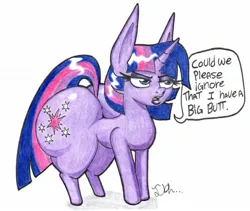 Size: 1367x1152 | Tagged: suggestive, artist:paper view of butts, derpibooru import, twilight sparkle, pony, unicorn, butt, colored, dialogue, female, huge butt, image, jpeg, large butt, mare, simple background, solo, solo female, thick, traditional art, twilight has a big ass