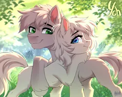 Size: 3000x2400 | Tagged: safe, artist:hakaina, derpibooru import, oc, unnamed oc, earth pony, pony, backlighting, blue eyes, butt fluff, chest fluff, chin fluff, colored, commission, concave belly, duo, ear fluff, female, forest, forest background, green eyes, height difference, high res, hug, image, leg fluff, lighting, looking at each other, looking at someone, male, mare, png, shading, side view, signature, slender, smiling, stallion, standing, thin, tree, unshorn fetlocks, ych sketch, your character here