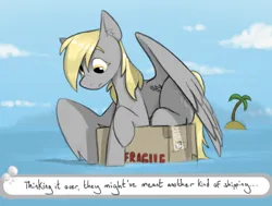 Size: 1360x1028 | Tagged: safe, artist:sinrar, derpibooru import, derpy hooves, pegasus, pony, box, derpy being derpy, female, g4, idiot, image, island, mailmare, mare, misunderstanding, ocean, png, pun, silly, silly pony, solo, this will end well, water