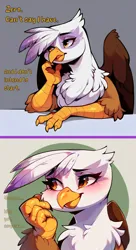 Size: 2000x3677 | Tagged: safe, ai content, artist:rupert, derpibooru import, machine learning assisted, machine learning generated, stable diffusion, gilda, gryphon, series:ask white belly gilda, ask, blushing, cute, dialogue, female, g4, generator:pony diffusion v6 xl, gildadorable, hand on chin, high res, image, jpeg, pale belly, prompter:rupert, solo, tumblr, white belly
