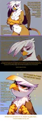 Size: 2000x5656 | Tagged: safe, ai content, artist:rupert, derpibooru import, machine learning assisted, machine learning generated, stable diffusion, gilda, gryphon, series:ask white belly gilda, ask, bipedal, crying, determined look, dialogue, emotional, female, former bully, g4, generator:pony diffusion v6 xl, high res, image, implied fluttershy, implied pinkie pie, implied rainbow dash, jpeg, pale belly, plump, prompter:rupert, sad, solo, teary eyes, tumblr, white belly