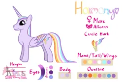 Size: 1920x1280 | Tagged: safe, artist:[mlp] harmony, derpibooru import, oc, oc:harmony, alicorn, pony, colored wings, female, image, mare, multicolored hair, multicolored mane, multicolored tail, multicolored wings, png, ponysona, reference sheet, show accurate, side view, smiling, solo, standing, tail, wings