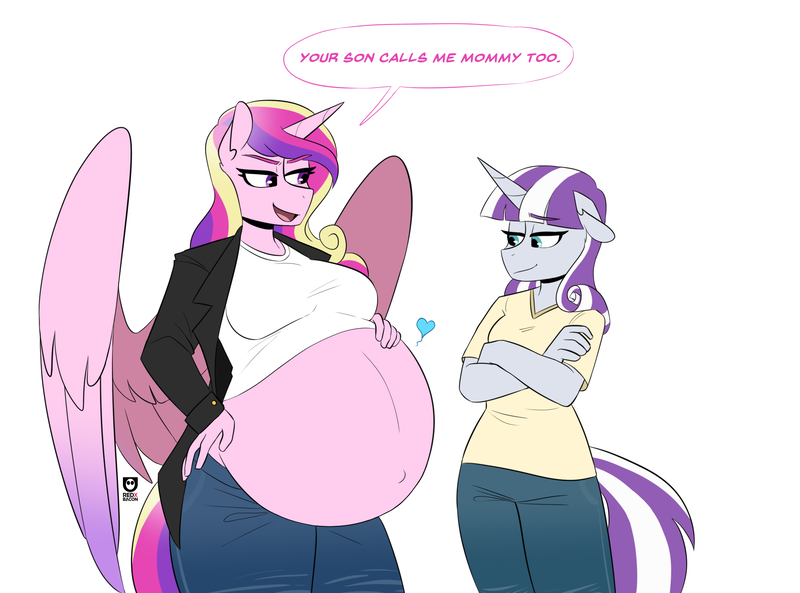 Size: 1998x1481 | Tagged: suggestive, alternate version, artist:redxbacon, derpibooru import, princess cadance, shining armor, twilight velvet, alicorn, anthro, unicorn, belly, big belly, cadancepred, clothes, commission, commissioner:reversalmushroom, dialogue, dominant, domination, female, femdom, fetish, good clean married vore, heart, image, implied shining armor, implied unbirthing, incest play, male, malesub, married, married couple, married couples doing married things, married life, mommy kink, png, pregdance, pregnant, shiningcadance, shipping, simple background, straight, submissive, unbirthing, vore, white background