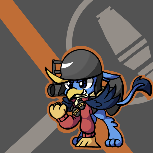 Size: 1400x1400 | Tagged: safe, artist:derp pone, derpibooru import, gallus, gryphon, clothes, costume, helmet, image, png, rocket launcher, soldier, solo, team fortress 2, weapon
