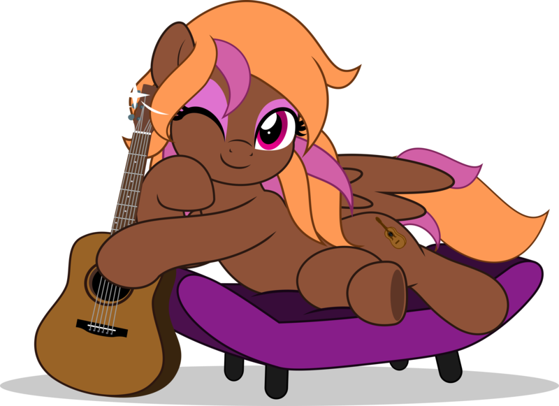 Size: 6879x5000 | Tagged: safe, artist:jhayarr23, derpibooru import, oc, oc:lovesong, pegasus, commission, commissioner:solar aura, couch, cute, guitar, image, musical instrument, one eye closed, one eye open, pegasus oc, png, wings, wink, ych result, your character here