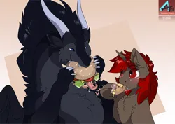 Size: 1100x778 | Tagged: suggestive, artist:arctic-fox, derpibooru import, oc, unofficial characters only, dragon, pony, unicorn, blushing, burger, dragon oc, duo, food, horn, hot dog, image, jpeg, meat, non-pony oc, sausage, tongue out, unicorn oc