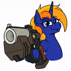 Size: 940x940 | Tagged: safe, artist:jargon scott, derpibooru import, oc, unofficial characters only, pony, unicorn, commission, deep rock galactic, eyebrows, eyebrows visible through hair, female, gun, handgun, hoof hold, image, jpeg, lidded eyes, looking at you, mare, revolver, simple background, smiling, smiling at you, solo, weapon, white background