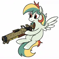 Size: 1080x1080 | Tagged: safe, artist:jargon scott, derpibooru import, oc, unofficial characters only, pegasus, pony, commission, deep rock galactic, female, flying, gun, hoof hold, image, jpeg, mare, rifle, smiling, solo, weapon
